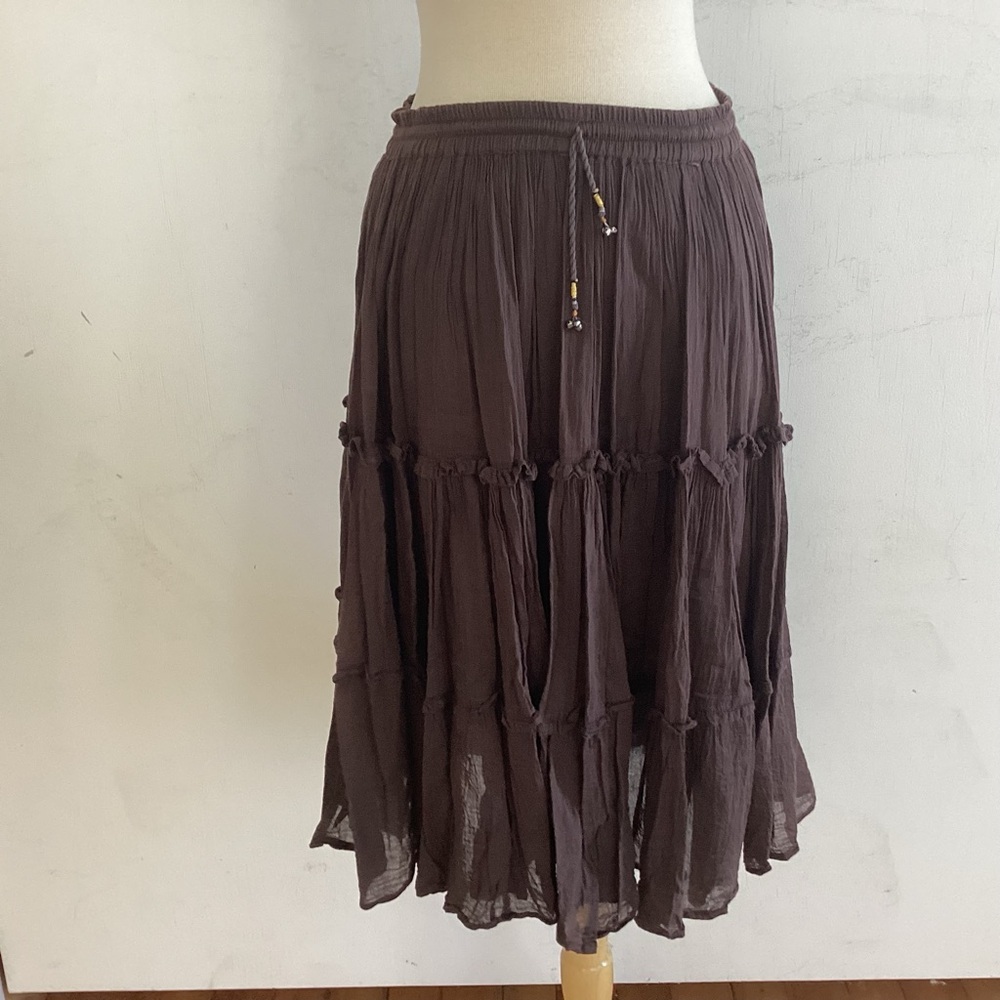 Boho Brown Gauze Tiered Magic Scarf Company Midi Skirt.